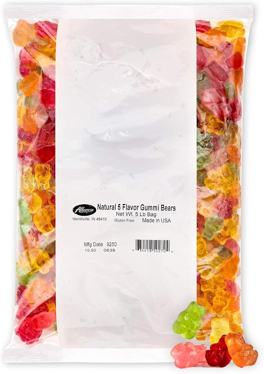 Albanese World's Best 5 Natural Flavor Gummi Bears - 5lbs of Gluten-Free Candy