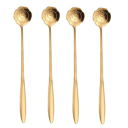 SZLFSX 16 Pcs Gold Rose Shaped Teaspoons 7 Inch Stainless Steel