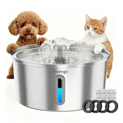 Cat Water Fountain Stainless Steel 3.2L/108oz, Invengo Automatic Pet Fountain for Cats & Dogs, Ultra Quiet <25 dB Pump, Includes 4 Replacement Filters & Sponges, LED Water Level Window, Easy to Clean