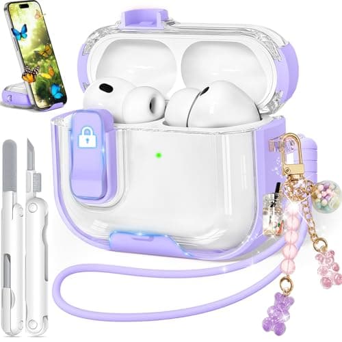 Ekoonpft for Airpods Pro 3 Case 2025, Anti-Yellowing Clear Case for Airpods Pro 3 with Secure Lock & Phone Stand, Soft TPU Drop Protection Cover with Cleaning Kit (Purple)