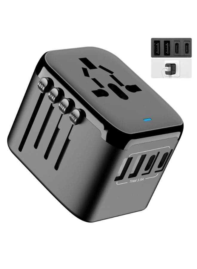 Universal International Power Travel Plug Adapter, All in One Travel Essentials Plug Adapter, 3.5A 2xUSB and 2xUSB C Wall Charger, Worldwide AC Outlet for Europe USA UK AUS