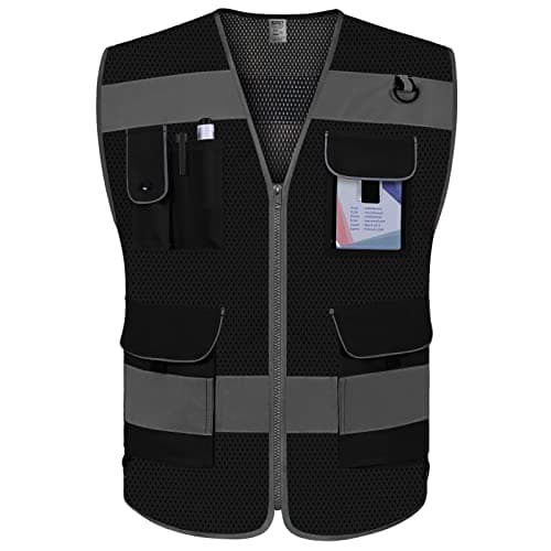 TCCFCCT Mesh Safety Vest for Men Women, 9 Pockets High Visibility Reflective Vest for Safety, Work Vest with Reflective Strips, Meets ANSI/ISEA Standards, (Black, X-Large)