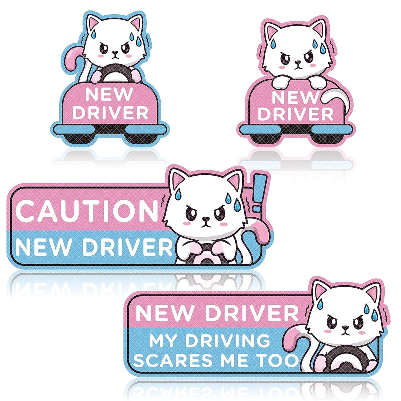 W1cwey 4pcs Cartoon Cat Student Driver Car Magnets – Cute Reflective New Driver Signs, Reusable Bumper Safety Stickers for Teens (Nervous Cat Design)