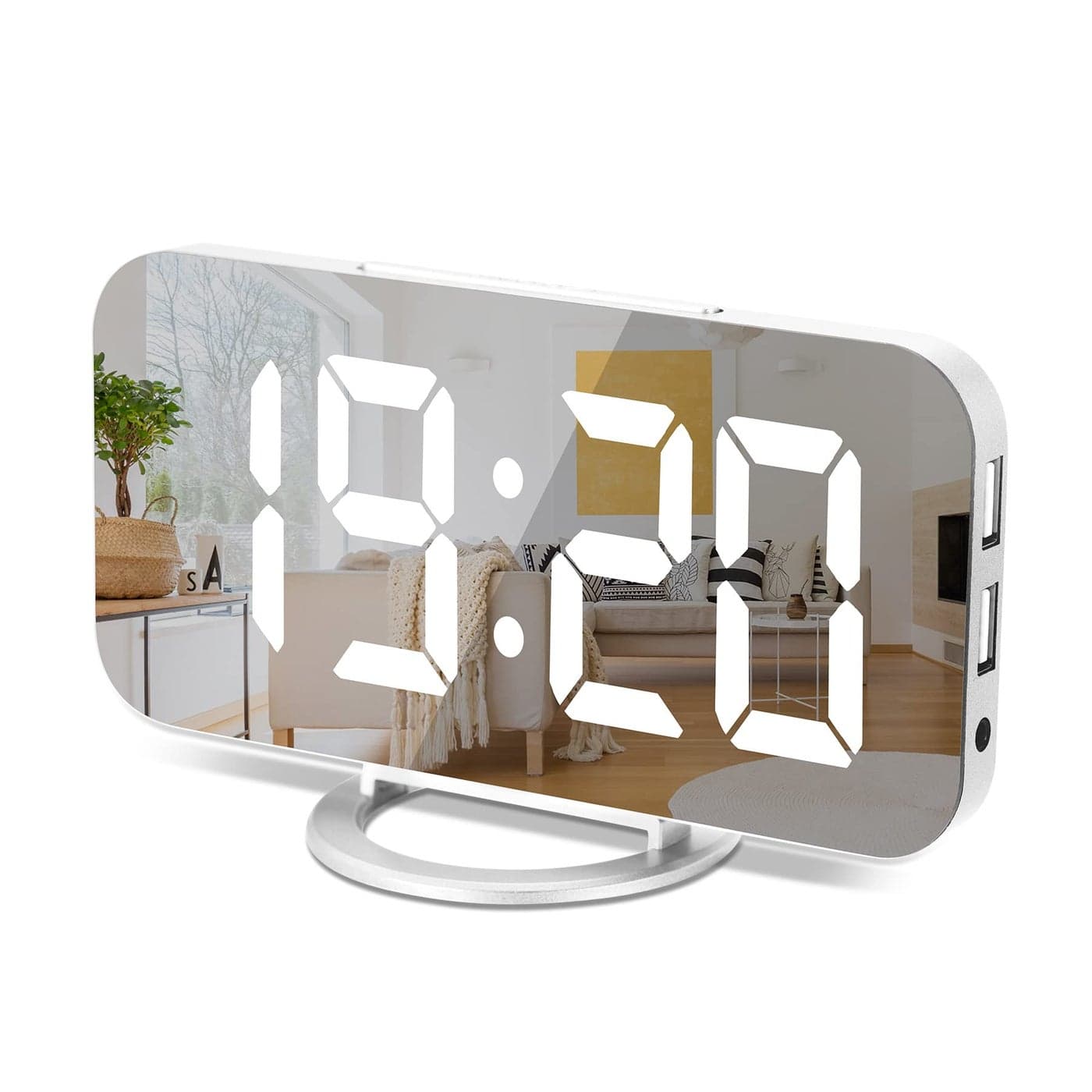 Sukeen Digital Alarm Clock6 Large LED Display with Dual USB Charger Ports Auto Dimmer Mode Easy Snooze Function Modern Mirror Desk Wall Clock for Bedroom Home Office for All People White