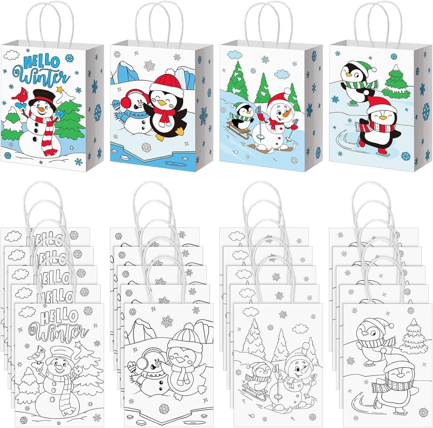 Epakh 24 Pcs Winter Gift Bags for Kids Bulk Color Your Own Snowman Paper Gift Bags Winter Coloring Goodie Bag Kits with Handle for Holidays Party Favor Supplies