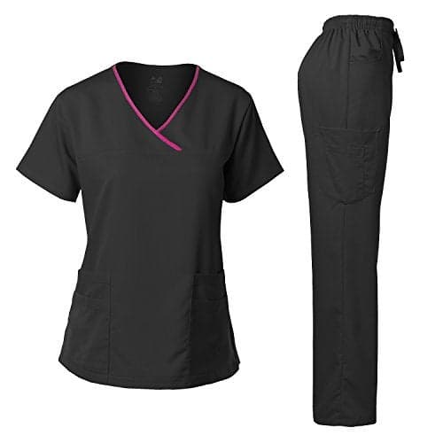 Dagacci Scrubs for Women Set – Stretch Medical Uniform, Contrast Binding Top and Pants Womens Scrub Sets (Medium, Black)