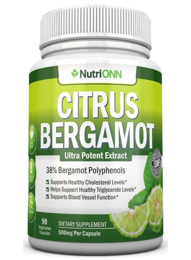 Citrus Bergamot - 500 mg - 90 Vegetarian Capsules - 38% Polyphenols - Natural Premium Quality Citrus Bergamot Extract - Promotes Healthy Cholesterol, Blood Sugar, Blood Pressure & Triglyceride Levels