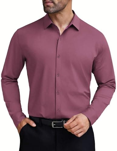 COOFANDY Mens Long Sleeve Button Down Shirts Stretch Athletic Fit Dress Shirts for Men Business Formal Wedding Shirts Purple Large