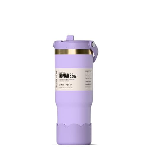 Hydrapeak Nomad 32 oz Tumbler with Handle and Straw Lid, Scallop Silicone Boot, Gold Trim, Leakproof, Double Insulated Stainless Steel Cup (Dlavender)
