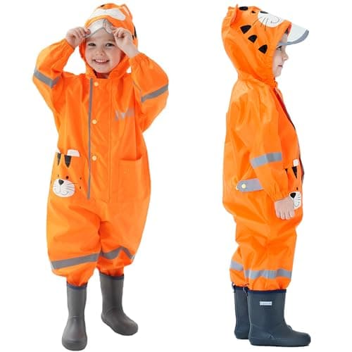 Fewlby Kids Toddler Rain Suit for boys girls One Piece Hoodie Zipper Cute Cartoon Tiger Waterproof Rain Jacket 2-5 years M Size