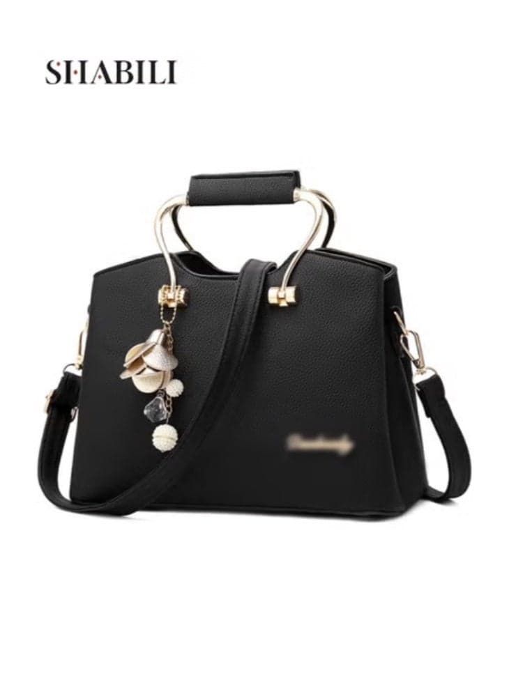 Women's PU Multi-Pocket Shoulder Bag Crossbody Tote Bag, Ladies Satchel Handbag with Sewing Thread Metal Petal Charm, for Casual, Party, and Travel, Lightweight Cross Bags for Teenagers (Black)