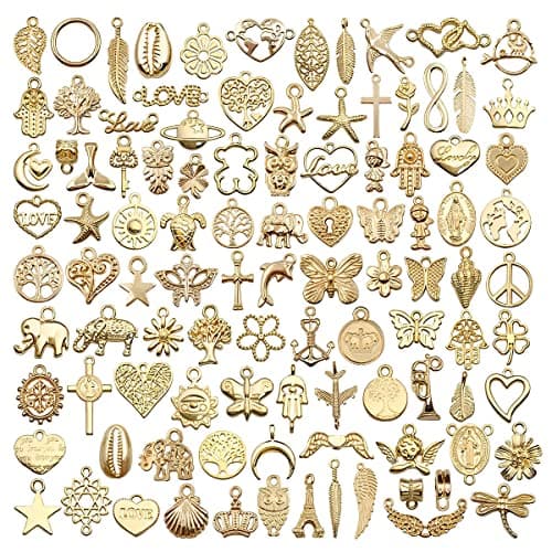 SANNIDHI® Metal 100Pcs Gold Alloy Charms For Jewellery Making Pendants Bulk Lots Antique Mixed Diy Necklace Bracelets Charms Pendants Kit For Jewelry Making And Crafting Supplies