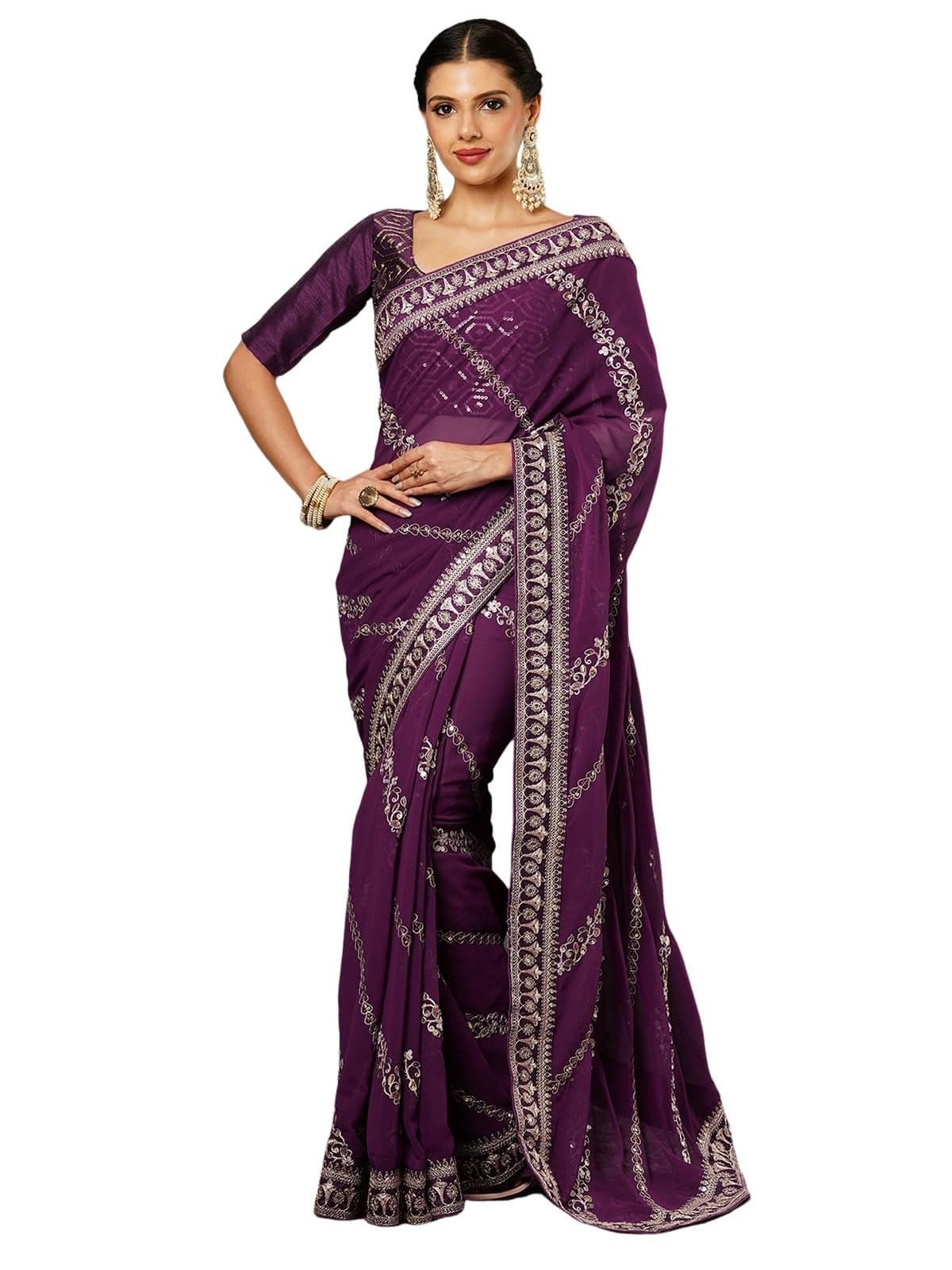 Satrani Women's Georgette Sequence Embroidery Saree with Unstitched Blouse Piece (3905S152N_Wine)