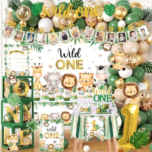 Wild Birthday DecorationsSafari Birthday Decorations 169pcs 1st birthday Decorations Banner Backdrop Tablecloth Cake Topper Box Balloon Garland for Jungle Safari First Birth day Decor