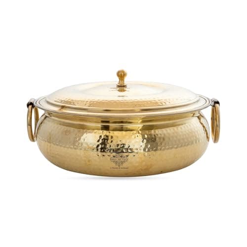 INDIAN ART VILLA Brass Degchi with Hammered Design & Tin Lining, Traditional Cookware for Slow Cooking, Serving Curries, Biryanis, and Festive Meals, 4000 ML