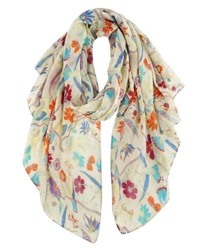 GERINLY Long Cream Scarfs for Women Lightweight Floral Birds Print Scarves Ladies Fashion Wrap Accessories (Cream)