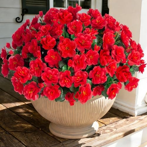 Ivydale Artificial Faux Red Flowers Plants for Outdoor Outside Spring Decor Fake Silk Camellia UV Resistant Look Real for Planter Porch Patio Balcony Garden Table Indoor 3 Large Bundles
