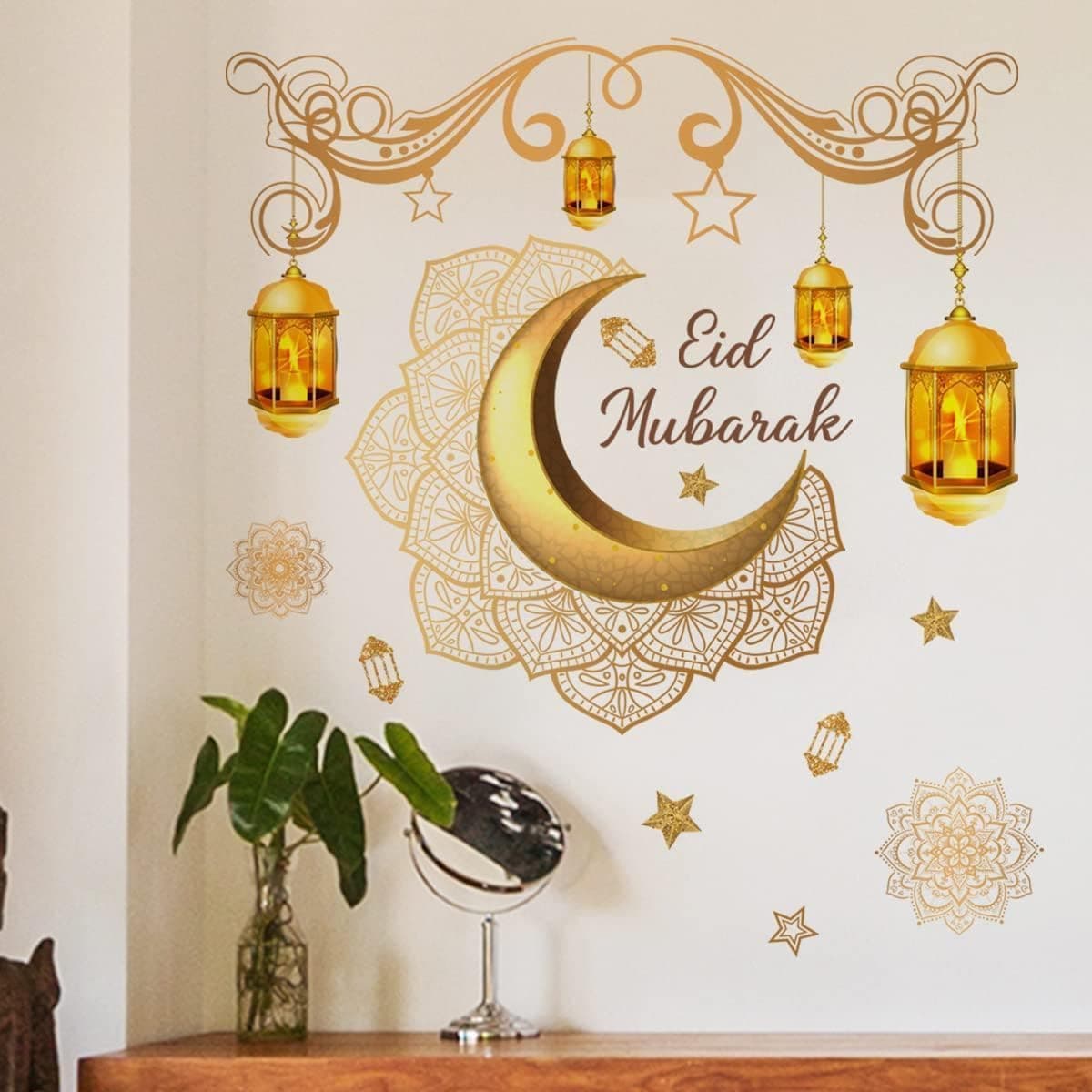 Ramadan Wall Decor Stickers, Eid Mubarak Ramadan Decor Lantern Moon Star Flower Window Decal, Ramadan Decorations Wallpaper, for Home Living Room Bedroom Decorations