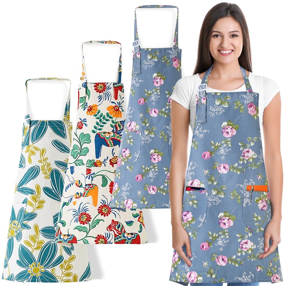 3 PCS Cooking kitchen Baking Aprons for Women with Pockets Vintage Cotton Linen 01