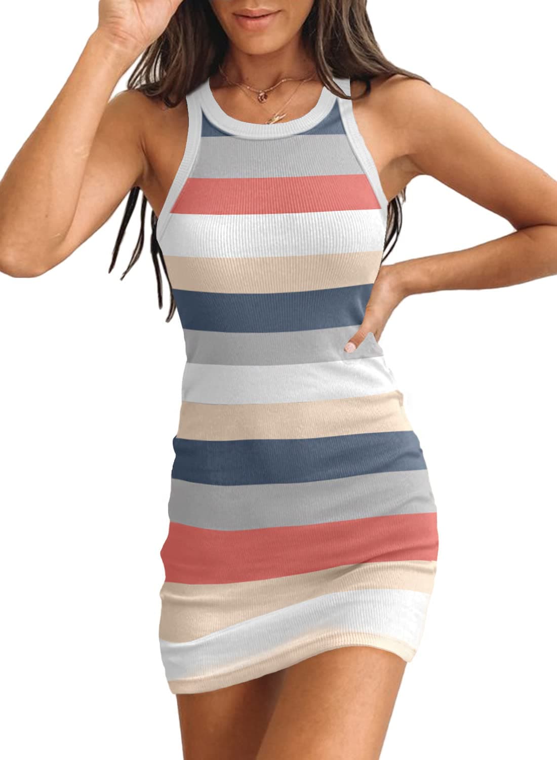 Samefar Womens Summer Sexy Bodycon Dress Scoop Neck Slim Ribbed Sleeveless Tank Dresses Stripd Multicolor Mini Dress Large