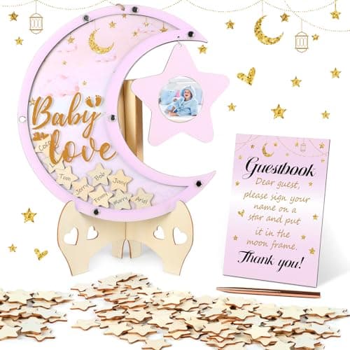 Baby Shower Guest Book Alternatives Moon Guest Book for Baby Shower Guest Book Frame with Star Baby Shower Decorations Guest Book Alternative for Wedding Boys Girls Birthday Party Keepsake(Pink)