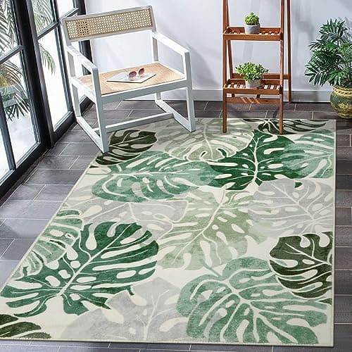 Wonnitar Monstera 3x5 Washable Rug, Sage Green Leaf Area Rugs for Bedroom, Non-Slip Living Room Entry Throw Mat, Low Pile Faux Wool Indoor Carpet for Kitchen Bathroom Office