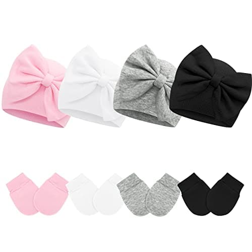 Sarfel HAT for Girls - 4 Pack Newborn Beanies with Cute Bow, Baby Girl Hats & Mittens Set, 0-3 Months, Black, White, Pink, Grey