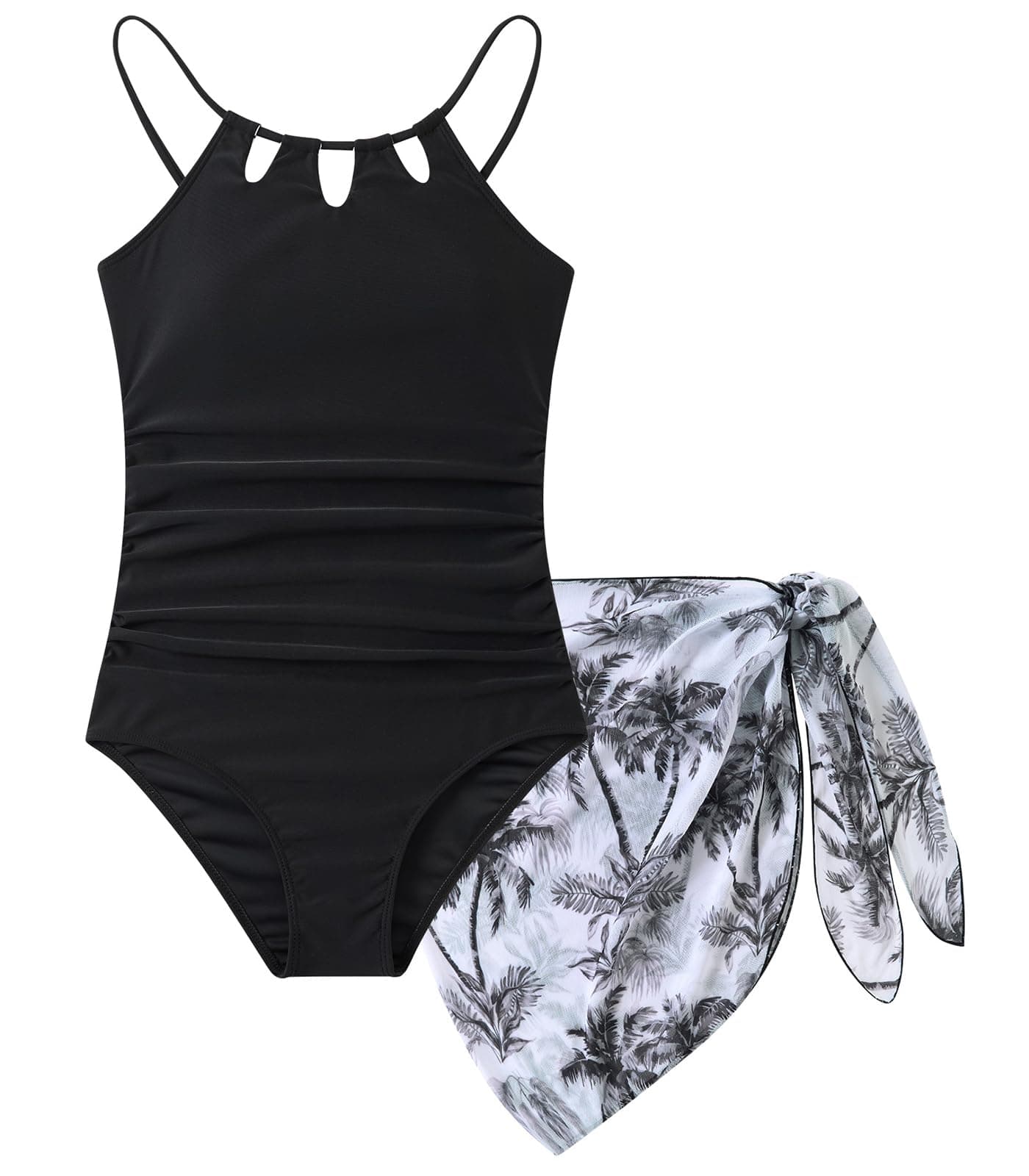 Cuddomper Girls Swimsiut Size 13-14 Black Teen One-Piece Bathing Suit with Tropical Print Mesh Cover Ups Cut Out Adjustable Straps Summer Swimwear