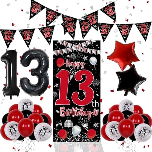 13th Birthday Decorations for Boys Girls Red Black Happy 13th Birthday Door Banner Sign Boy 13 Year Old Bday Party Decor Triangle Flag Large 13 Balloons Official 13 Teenager Decorations