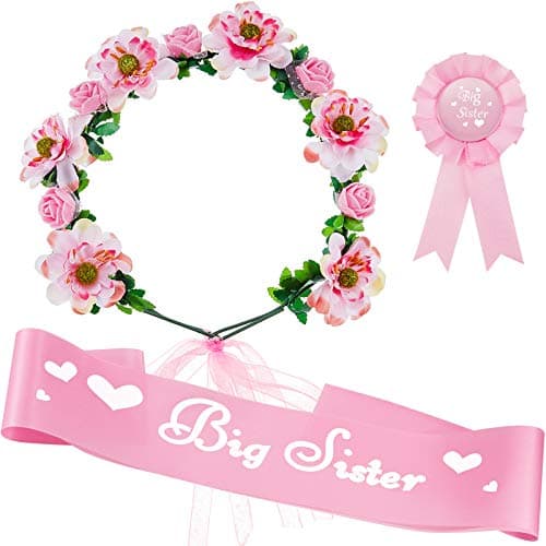 WILLBOND 3 Pcs Big Sister Accessory Set Big Sister Flower Crown Satin Sash Pin Gifts for Baby Shower Party(Pink)