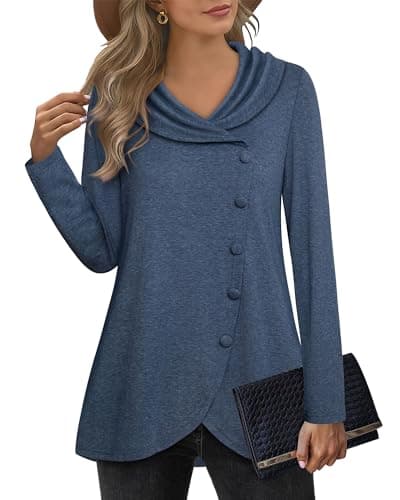 VALOLIA Womens Fall Fashion 2025 Ladies Blouse Women Fall Long Sleeve Tunic Tops To Wear With Leggings Loose Fit Dressy Button Collar Swing ALine Flare Work Shirts Blouse Denim Blue XLarge