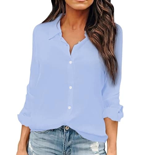 OMSJ Women Button Down Shirts Long Sleeve Chiffon Office Casual Blouses (XXL, Light Blue)