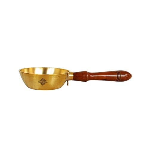 INDIAN ART VILLA Brass Matt Finish Fry Pan with Wooden Handle, Width - 4 Inch