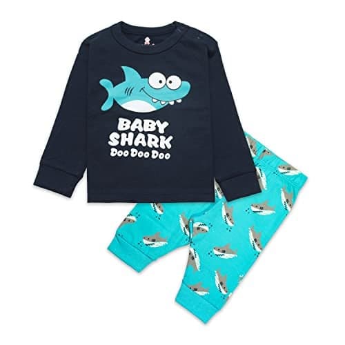 Real Basics Cotton Clothing Sets for Boys & Girls - Unisex Clothing Sets Full Sleeve Printed T-Shirt & Pant - (2-3 Years_Baby Shark), Blue