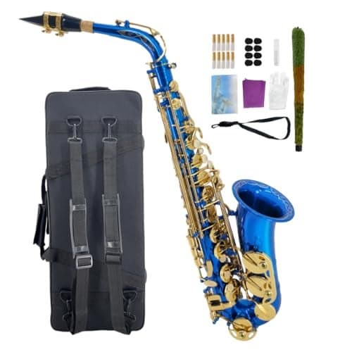 WUQIMUSC Beginner Alto Saxophone E Flat Complete Starter Kit with Case 10 Reeds for Adults Students Easy to Play for School Band Practice Blue