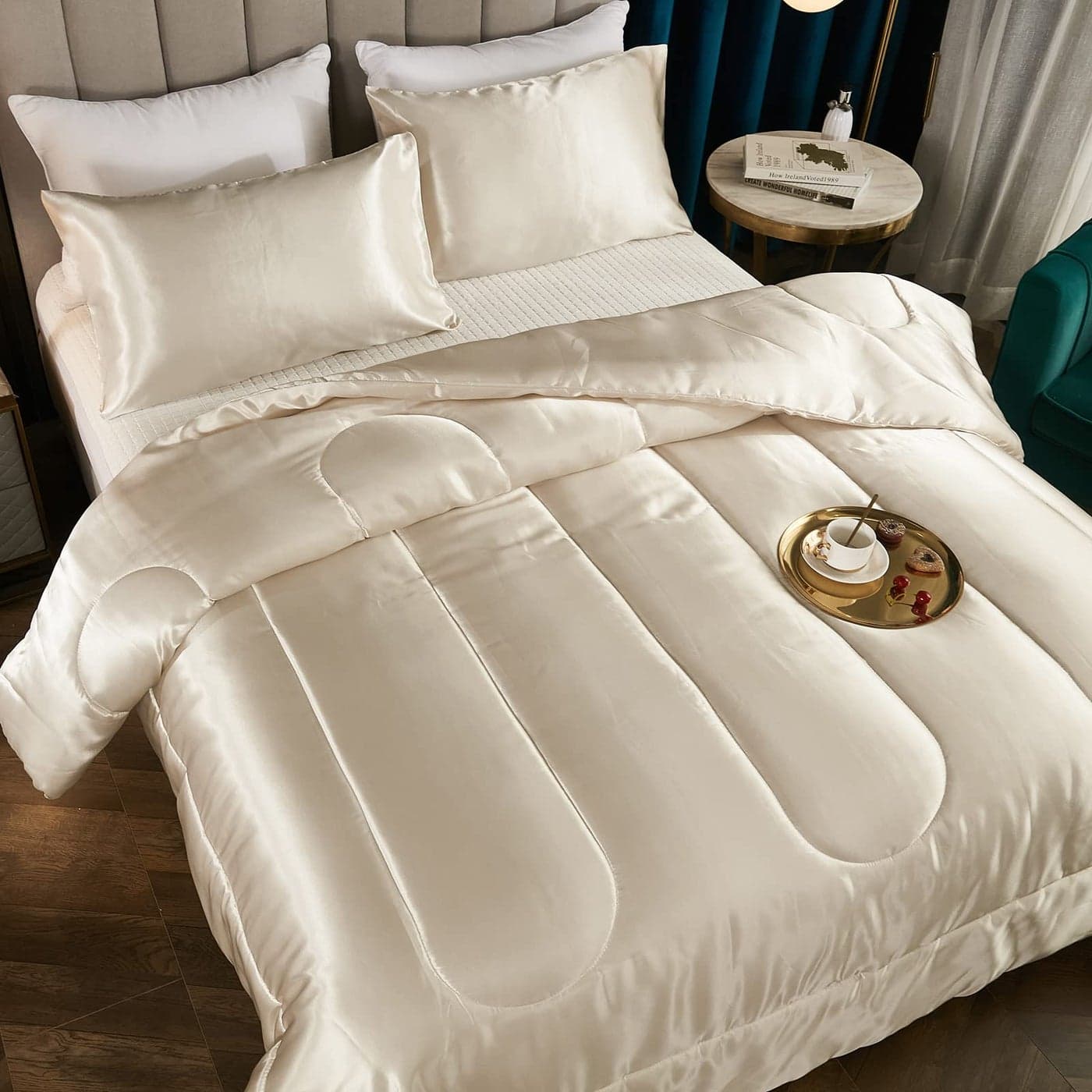 Dreamer Satin Silk Like Cream Comforter Soft Beige Polyester Filling Luxury 1 Comforter 2 Pillowcases Queen Beige