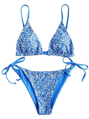 ZAFUL Women's Triangle Bikini Floral String Bikini Set Two Piece Swimsuit Bathing Suits (2-Ocean Blue, S)