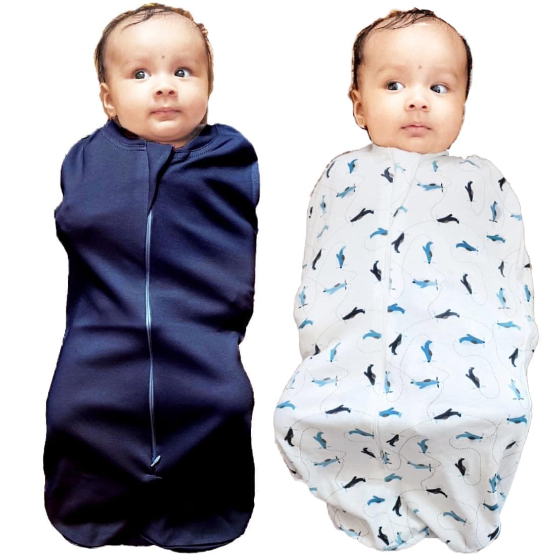 MammaChamp Zipper POD Swaddle Sleeping Sack Blankets Wrap Bag New Born Baby for 03 Months Pack of 2 WhiteDarkBlue