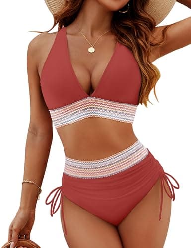 Blooming Jelly Womens High Waisted Bikini Tummy Control Color Block Swimsuits Two Piece Bathing Suit (L, Brick Red)