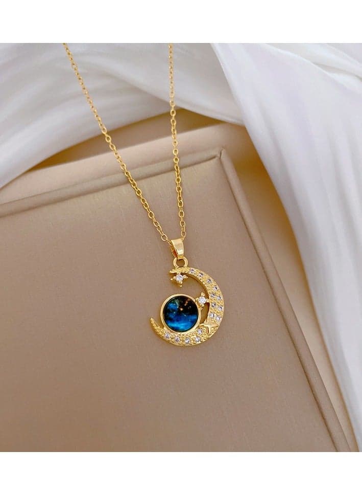Celestial Moon and Star Blue Gemstone Necklace, Gold Tone, Titanium Steel, Radiant Blue Gemstone, Rhinestone Accented Crescent Moon, Elegant and Mystical Style, Ideal for Evening Wear, Special Occas