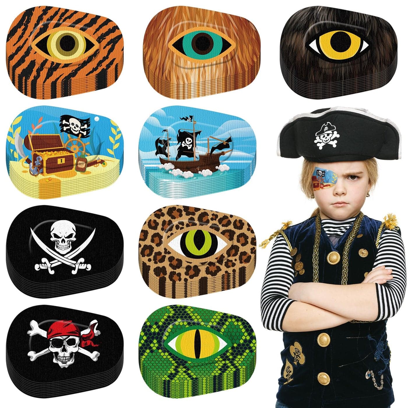 Panelee Adhesive Eye Patches for Kids Boys Bulk Halloween Pirate Toddler Eye Patch Breathable Material Light Blocking Cotton Colorful and Fun Designs for Boys 9 Styles90 Pcs