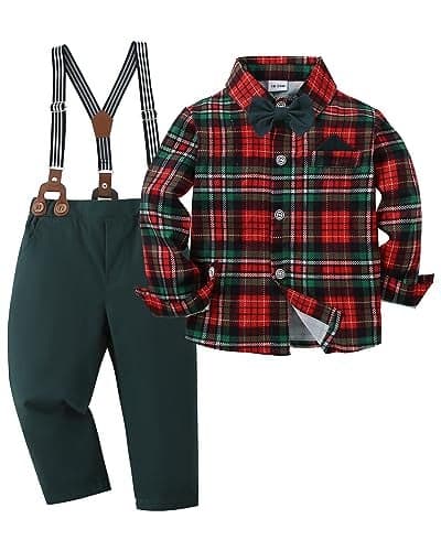 DISAUR Toddler Boy Dress Clothes Short Sleeve Christmas Red Plaid Flower Dress Shirt Bow Tie Suspender Green Pants Toddler Outfits For Boys 18 Months 2t 24 Months