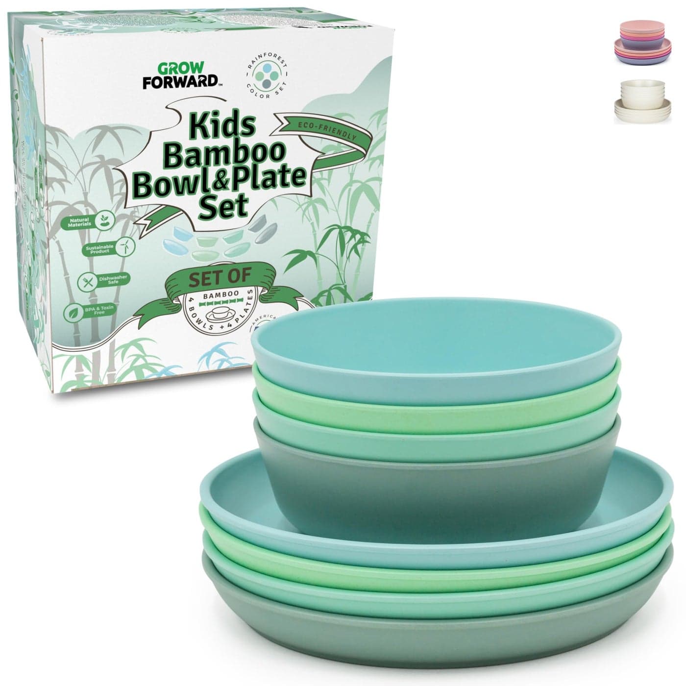 Grow Forward Bamboo Kids Plates and Bowls Sets 8Piece Dishwasher Safe Non Toxic Plates for Kids Reusable Eco Friendly BPA Free Dishes Dinnerware Sets for Children Rainforest