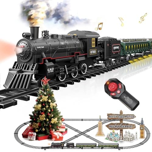 Electric Train Sets Remote Control for Kids Metal Alloy Christmas Train Toys Steam Locomotive Glowing Passenger Carriages Luxury Tracks Light Sounds Rechargeable Birthday Gifts for Boys Girls Green