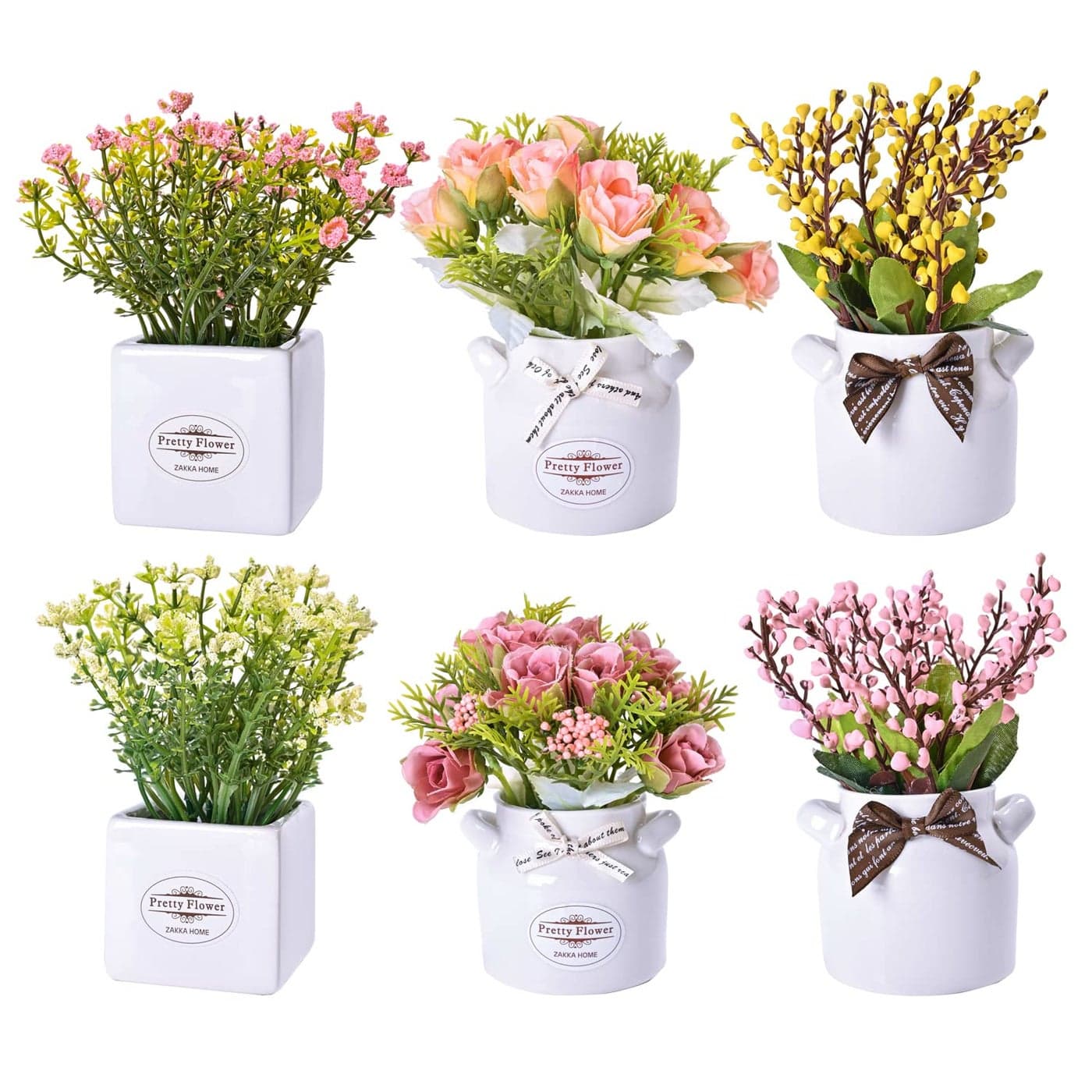 LUEUR 6Pcs Artificial Flowers with Ceramic Pot Fake Flower Arrangements Small Faux Spring Flowers in Vase Home Spring Decor Centerpiece Table Decorations for Farmhouse Office Shelf Dining Table