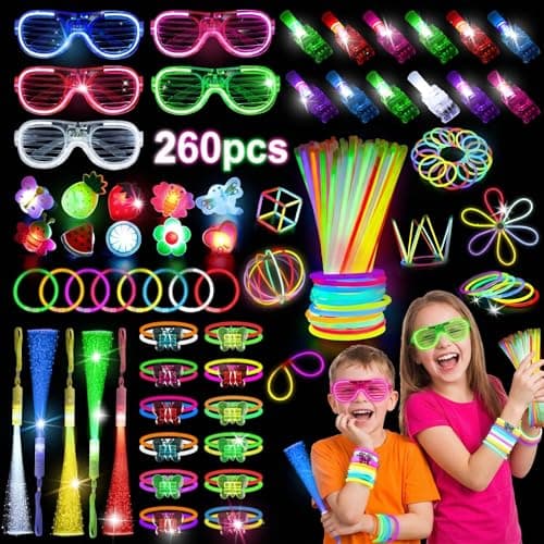 LovesTown 260PCS Glow in the Dark Party Supplies for Kids Adults Light up Party Favors with LED Glasses Glow Sticks Bulk Finger Lights Light up Rings for Easter Basket Stuffers Raves Accessories