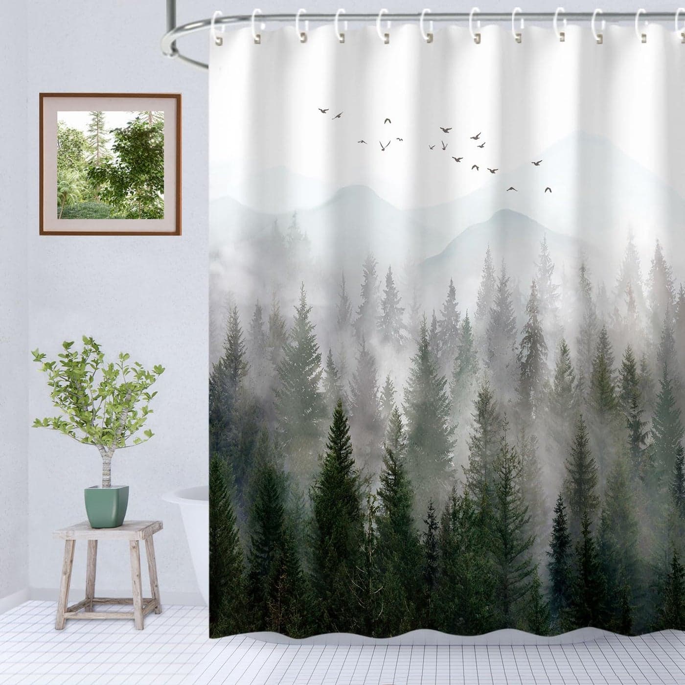 RosieLily Misty Forest Tree Foggy Shower Curtain for Bathroom with Hooks Cool Nature Scenery Landscape Bathtub Decor 72 inch Design Art Waterproof Fabric