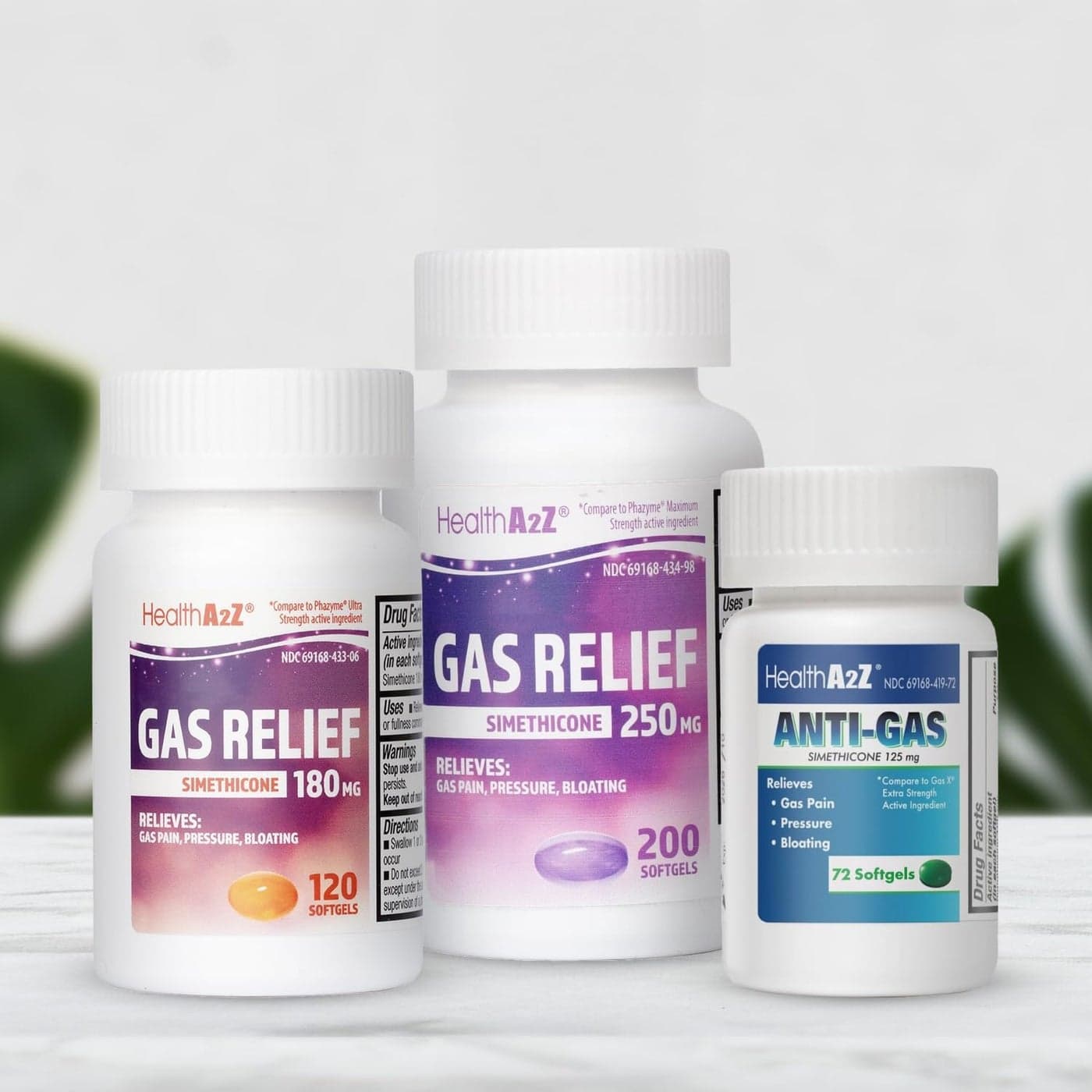 HealthA2Z Gas Relief Bundle Simethicone 125mg 72 ct 180mg 120 ct 250mg 50 ct AntiGas Softgels for Fast Relief of Bloating Pressure Discomfort
