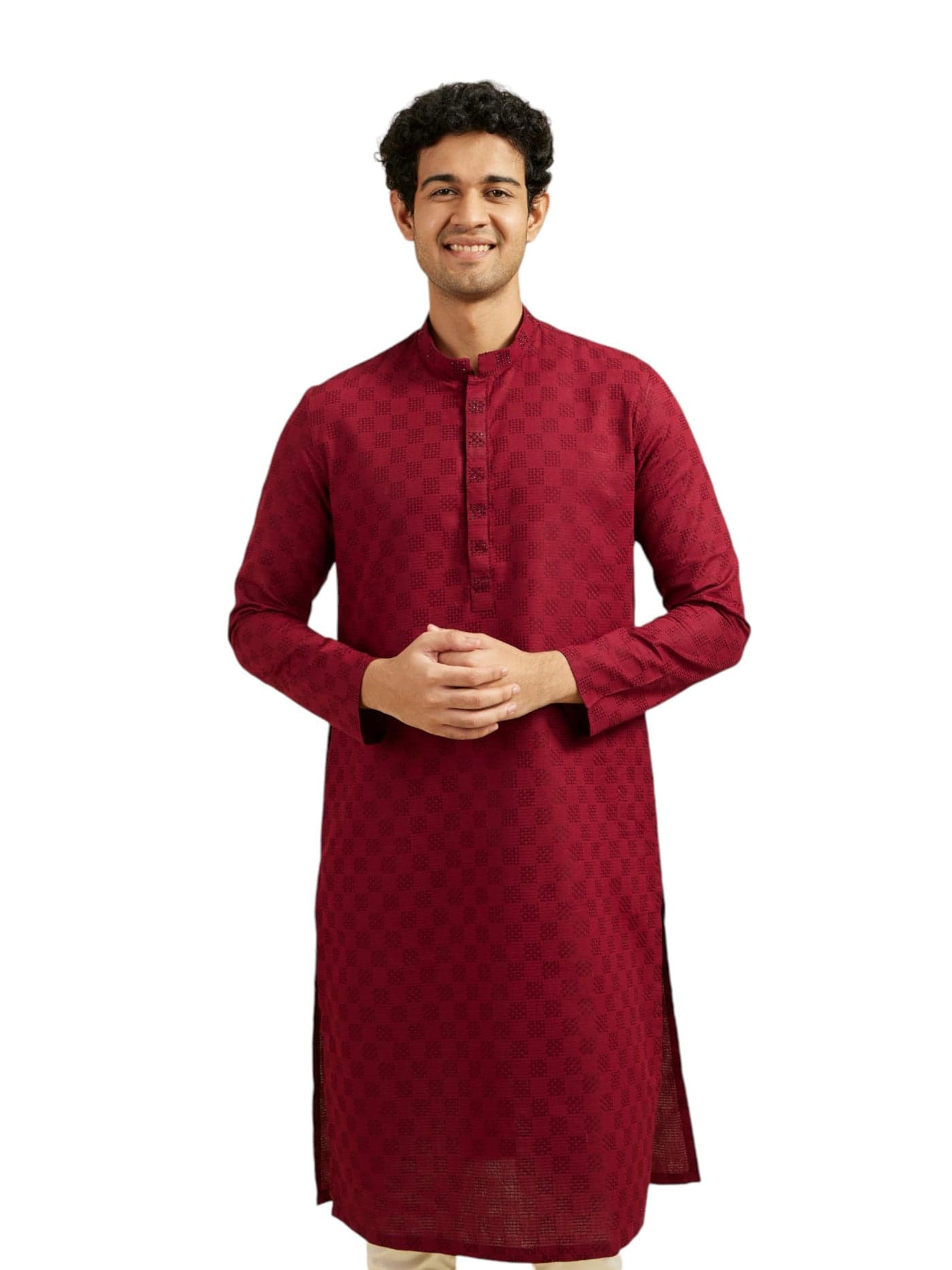 DIWAS BY MANYAVAR Men's Cotton Textured Kurta (Maroon,L)