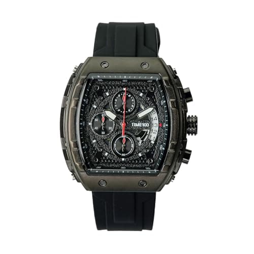 TIME100 Watch for Men Chronograph Calendar Square Face Luminous Punk Style Multifunctional Sub-dial Men's Skeleton Tonneau Watch Adjustable Silicone Strap, Black, W70181G.01A